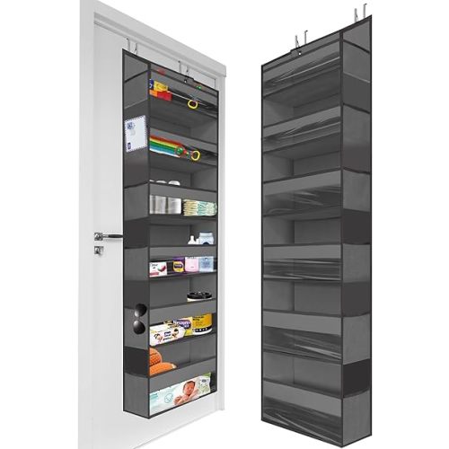 HOMELUX THEORY 1PC Heavy Duty Over the Door Organizer 55x14x6.7, 6 Large Front & 12 Side Pockets, Hanging Storage Closet Door Organizer for Bedroom, Bathroom and Baby Nursery Storage (Dark Gray)