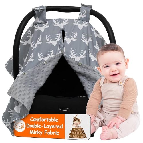 Dear Baby Gear - Baby Car Seat Canopy - Baby Carrier Cover - Infant Car Seat Cover - Carseat Covers with Snap Opening - Carseat Canopies for Boys & Girls - 40x30 (Antlers on Gray, Gray Dot) - Antler Print on Gray/Gray Minky Dot