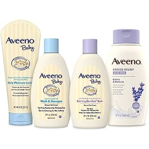 Aveeno Baby Mommy & Me Daily Bathtime Gift Set Including Baby Wash & Shampoo, Calming Baby Bath & Wash, Baby Moisturizing Lotion & Stress Relief Body Wash for Mom, Soap-Free, 4 Items