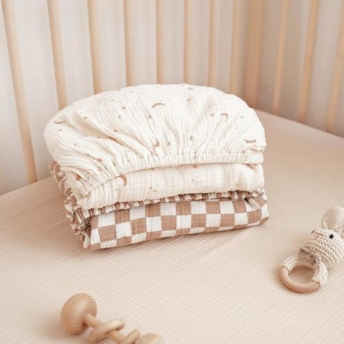 Konssy Muslin Crib Sheets for Boys, Soft Cotton Neutral Baby Sheets for Standard Crib Mattress 2 Pack, 52"x28" (Coffee Check,Moon)