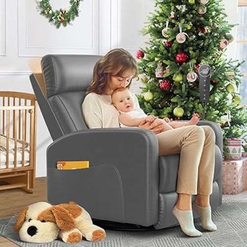 Power Recliner Nursery Glider Chair, Power Adjustable Head Support, 270 Degree Swivel Glider Rocking Chair with USB & Type C Ports, Power Recliner Chair for Nursing, Living Room, Grey