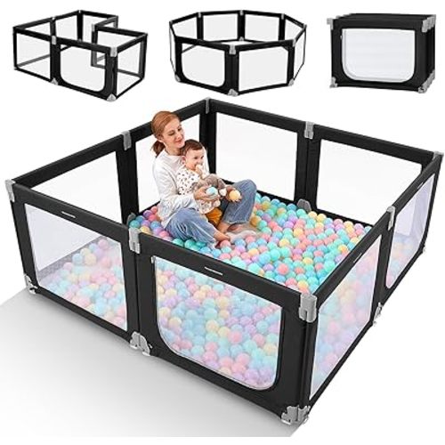 Foldable Baby Playpen, Kidirect Large Foldable Playpen for Babies and Toddlers Adjustable Shape and Size, Baby Playpen Foldable with Gate Safety for Indoor Outdoor Baby Play Yards (Black,71"×69")