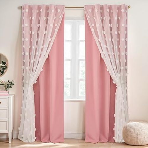 Alsoo Pink Blackout Curtains for Girls Bedroom Double Layer Cute Nursery Curtains 84 inch Length Room Darkening with Sheer White Pom Pom Rod Pocket Magnetic Tiebacks Set of 2 Panels W52 x L84