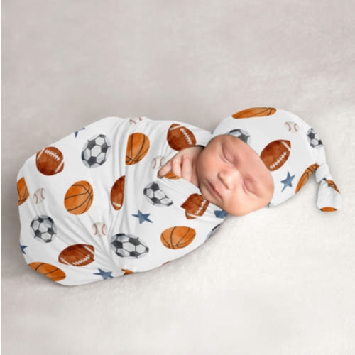 Watercolor Sports Theme Baby Cocoon and Beanie Hat - 2 Piece Set