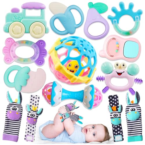 Baby Toys 0-6 Months - Baby Rattles Teething Toys 3-6 Month Infant Toys 6-12 Months Teether Toy 3 4 5 6 Month Old Newborn Essentials Must Haves Wrist Socks Christmas Gifts Valentines Gifts for Kids