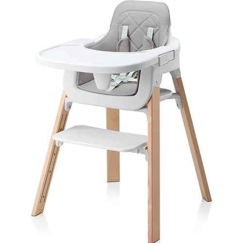 JMMD High Chair, High Chairs for Babies and Toddlers, 3 in 1 Convertible Wooden Baby HighChair 5-Point Safety Harness, Removable Tray and Adjustable Footrest, Grey