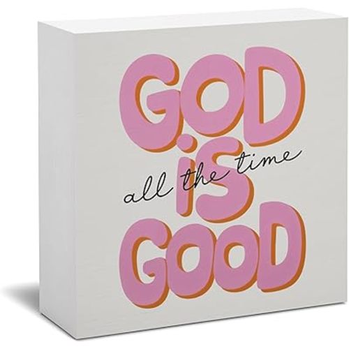 Pink Inspirational Christian Desk Decor, Bible Office Decor for Women Girl, God is Good Wooden Sign for Wall Art Shelf Desk Dorm, 5x5