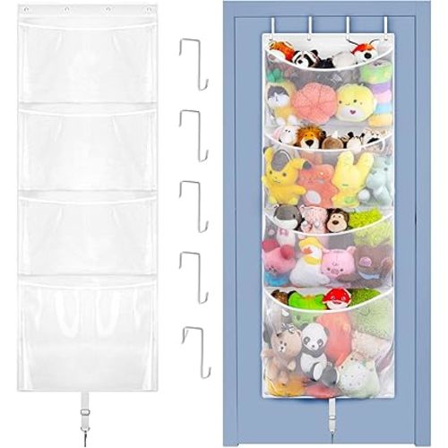 Hanging Stuffed Animal Storage, Over Door Large Plush Toy Organizer with Metal Hook, Baby Accessory Holder Idea for Nursery, Doll & Bear Mesh Hammock Bag for Girl Boy Kid Room