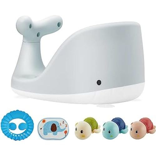 Whale Shape Baby Bath Seat – 3 Bath Toys + Bath Brush + Shower Cap – Ergonomic Backrest – Elastic and Breathable – 4 Strong Non-Slip Suction Cups – Ideal Gift! (Grey)