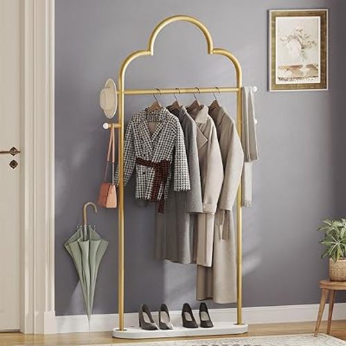 Coat Rack Freestanding, Heavy Duty Clothes Rack with 8 Hooks, Metal Coat Hanger Stand with Stable Base, Gold Clothing Rack for Entryway, Boutiques, Bedroom, Gold and Marble White YM04DM