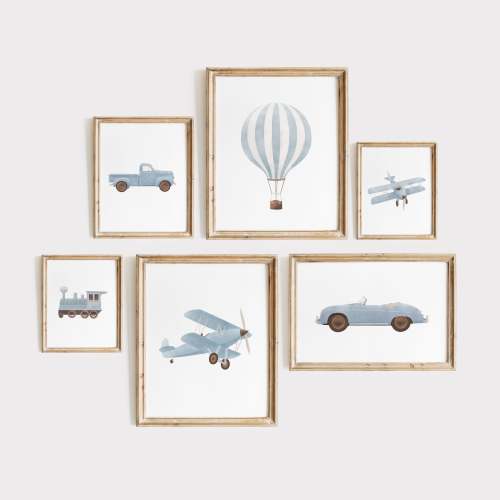 Blue Vintage Transportation Vehicles - 6 Print Bundle