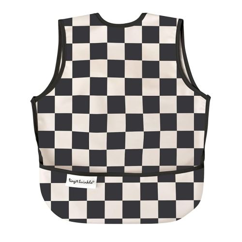 Tiny Twinkle Mess Proof Baby Bib - Waterproof & Lightweight Baby-Led Weaning Apron | 100% Recycled Polyester, Easy Clean & Machine Washable (Black Checkers, Large 2-4 Years)