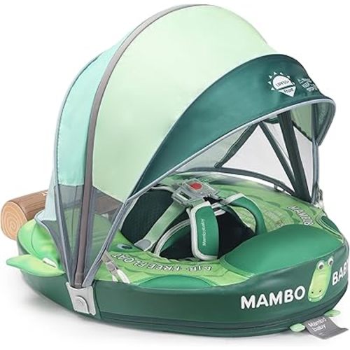 Mambobaby Float Upgrade Add Tail Baby Float with Canopy for Infant Waist Swimming Ring Swim Trainer Non-Inflatable Floats Toys with Adjustable Safety Strap (Green - Crocodiles)