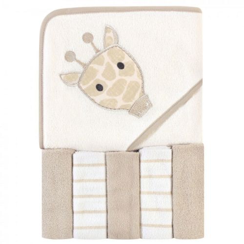 Hudson Baby Infant Unisex Hooded Towel and Five Washcloths, Modern Giraffe, One Size