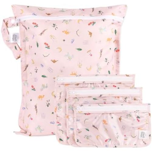 Bumkins - Waterproof Wet Bag & Clear Travel Bags - For Beach, Baby, Travel, Swim Suit, Cloth Diapers, Pump Parts, Pool, Gym, Toiletries - Reusable & Easy to Clean - Disney Princess Pink - 4 Pack