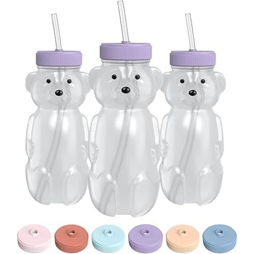 Honey Bear Straw Cup for Babies, 8-oz Honey Bear Cup with Lid, 3-Pack Therapy Learning Honeybear Straw Cup, Baby Honey Bear Bottle Set, Unicorn PURPLE