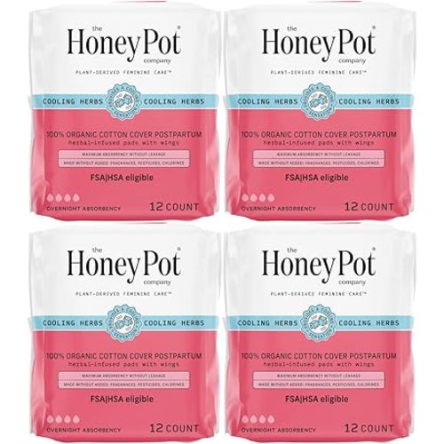The Honey Pot Company - 48ct - Herbal Postpartum Pads w/Wings - Infused w/Essential Oils for Cooling Effect, Organic Cotton Cover, & Ultra-Absorbent