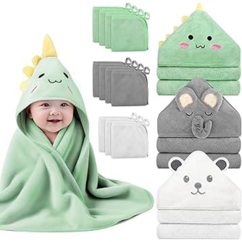 14 PCS Baby Towels, 3 PCS Soft Hooded Baby Towels & 11 PCS Washcloths, Baby Bath Towels for Newborns, Infants & Toddlers, Ultra Absorbent, Cute Baby Towel Gift for Boys & Girls