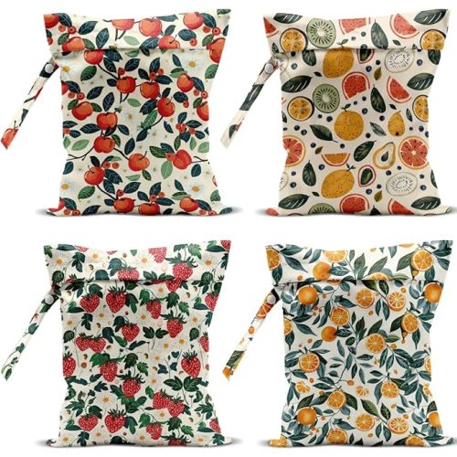 4 Pack Cute Fruit Wet Bag Waterproof Washable Reusable Wet Dry Bag for Swimsuit Clothes Cloth Diaper Travel Beach Pool Yoga Gym Toiletries Travel Beach Essentials Strawberry Orange Apple