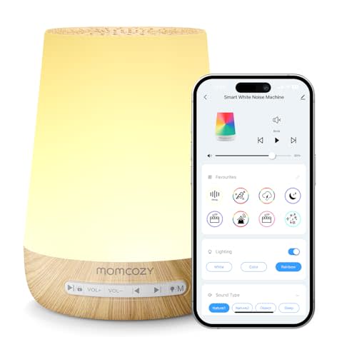 Baby Sound Machine, Momcozy White Noise Machine for Baby Sleeping with Night Light, Toddler Sleep Trainer with 34 Soothing Sounds, Timer, App Remote Control, Personal Sleep Routine(Wood Grain)
