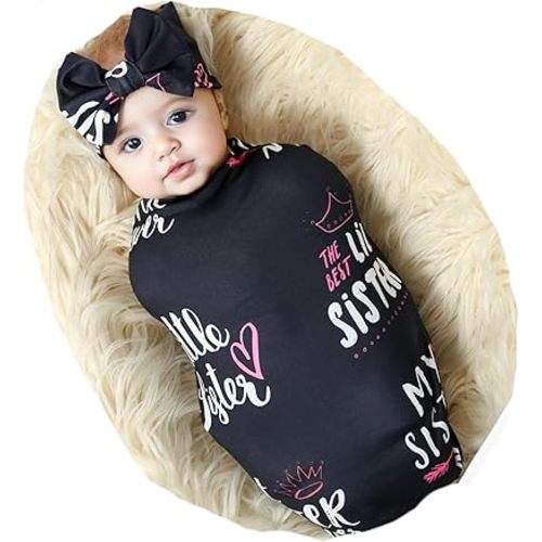 Galabloomer Newborn Receiving Blanket Headband Set Flower Print Baby Swaddle Blankets (Black Sister)