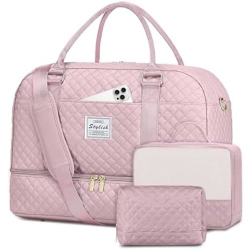 Travel Duffle Bag Weekender Bags: Pink Duffel Bag with Shoe Compartment Carry On Overnight Bag with Wet Pocket Yoga Gym Bags Hospital Bags for Labor and Delivery 3 Pcs Set