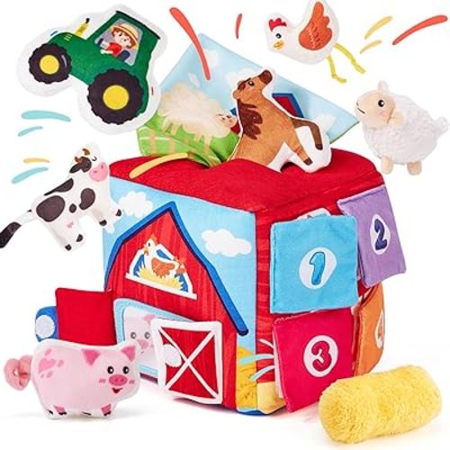 hahaland Baby Toys 6-12 Months - 13 PCS Whats Inside Box Surprise Developmental with Stuffed Farm Animals, Rattle, Crinkle Tissue, Squeaker, Mirror, Soft Sensory Montessori Toy for Babies 7 8 9 Month