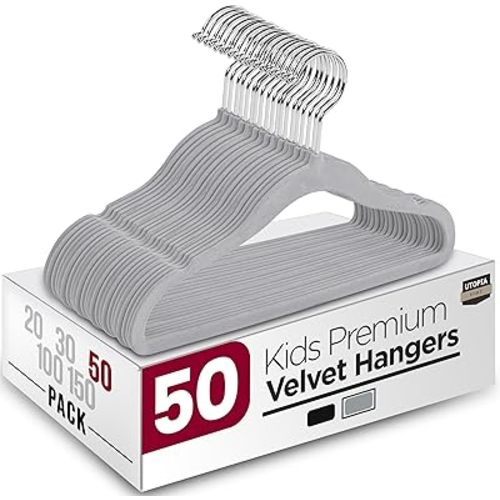 Utopia Home Kids Velvet Hangers 50 Pack – 11 Inch Non-Slip Baby and Toddler Clothes Hangers, Durable Ultra-Slim Space-Saving Closet Organizers (Grey)