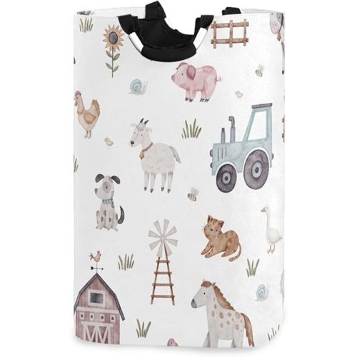 Kigai Animals Farm Laundry Basket with Handles Waterproof Collapsible Laundry Hamper Clothes Toys Organizer Bin for Nursery Decor Home Organizing