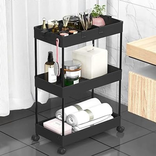 SPACELEAD 3 Tier Rolling Cart with Wheels, Storage Craft Art Trolley Organizer Serving, 3 Hanging Baskets Easy Assembly, for Office, Living Room, Kitchen, Black