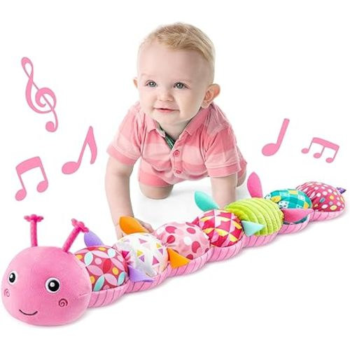 LIGHTDESIRE Baby Toys Musical Caterpillar,Infant Stuffed Animal Toys with Crinkle and Rattles,Soft Sensory Toys with Textures for Tummy Time Newborn Boys Girls 0 3 6 12 Months(Pink)