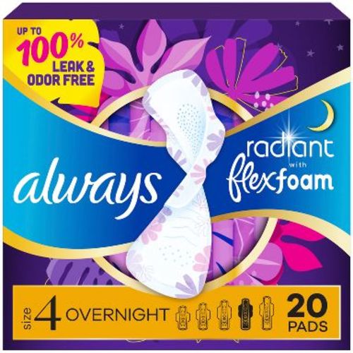 Always Radiant Overnight Sanitary Pads with Wings - Scented - Size 4 - 20ct