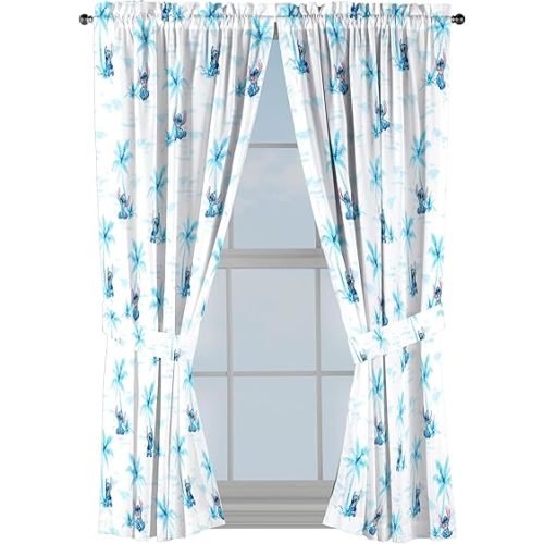 Jay Franco Window Curtains for Kids Bedroom 4-Piece Drape Set with 2 Tiebacks, White - Lilo & Stitch, 42" W x 63" L (Pack of 2)