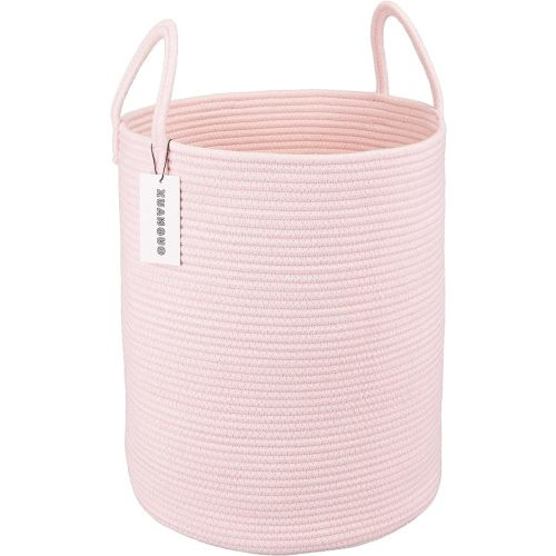 Cotton Rope Laundry Basket Hamper for Girls Kids Baby Nursery Hamper Bin Woven Storage Basket for Living Room Girls room Boho Tall Rope Baskets for Blanket Toys Large light pink - Regular