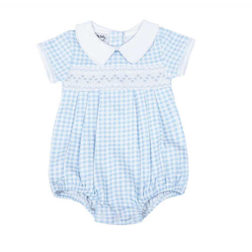 Mini Checks Smocked Short Sleeve Bubble - Blue – Magnolia Baby