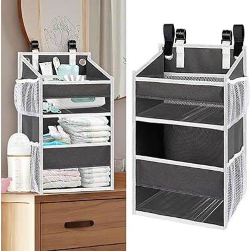 Hanging Diaper Organizer for Changing Table, Cribs, Car, Playard or Wall & Nursery Organization - Durable 2-Tier Diaper Caddy with Mesh Pockets and Viewable Design, Won't Deform, Crib Accessories