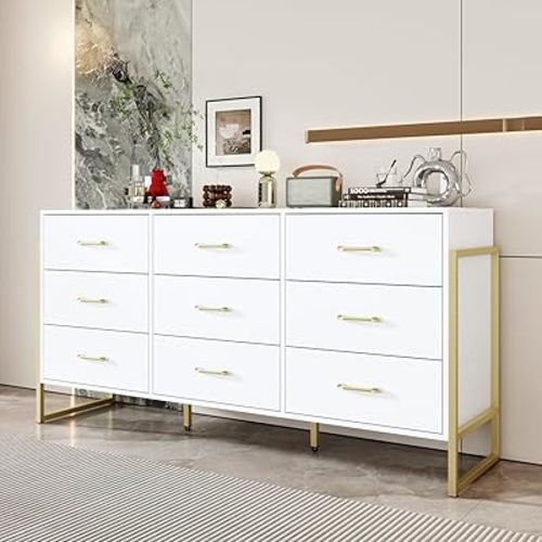 Modern 9 Drawer Dresser with Metal Legs, 61.4" Large Dressers & Chests of Drawers Storage Tower Organizer for Bedroom, Living Room, White