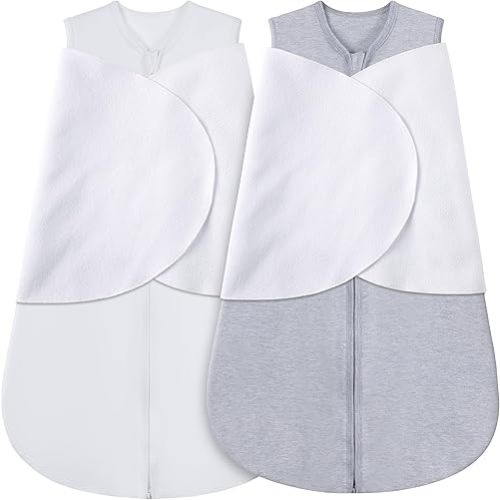 100% Cotton Newborn Sleep Sack Swaddle,0-3 Months,3-Way Adjustable Wearable Blanket,TOG 0.5，2 Pack (Grey & White)