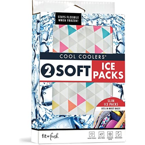 Cool Coolers by Fit & Fresh 2 Pack Soft Ice, Flexible Stretch Nylon Reusable Ice Packs for Lunch Boxes & Coolers, Multi-Colored