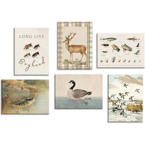 RHYQYGPX Vintage Nursery Wall Art Set of 6, Hunting Fishing Canvas Wall Decor, Deer Fish Mallard Duck Wildlife Prints for Baby Boy Room Boys Room Farmhouse Cabin, Ready to Hang, 8x10 or 12x16 Inch