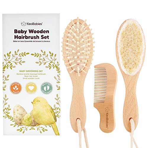 Baby Hair Brush and Baby Comb Set - Wooden Baby Brush with Soft Goat Bristle - Toddler Hair Brush Baby Brush and Comb Set - Baby Brush Set for Newborns - Infant Hair Brush, Cradle Cap (Oval, Walnut)