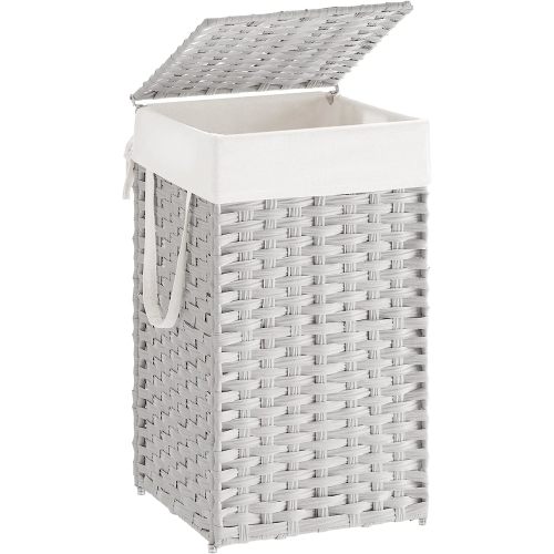SONGMICS Laundry Hamper with Lid, 17.2 Gallon (65 L) Synthetic Rattan Clothes Laundry Basket with Lid and Handles, Foldable, Removable Liner, Cloud White ULCB165W01