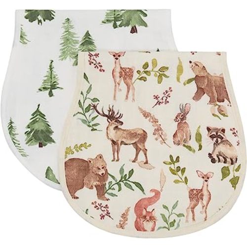 LifeTree Muslin Baby Burp Cloths - Soft 2 Pack Viscose from Bamboo Cotton Large 22'' by 10'' Absorbent Milk Spit Up Rags - Burping Cloths for Newborn, Girls Boys, Woodland Animals & Pine Tree
