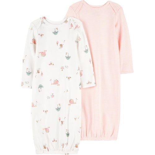 Carter's Baby Girls’ 2-Pack Sleeper Gowns, Soft Cotton Baby Sleepwear, Long Sleeve Nightgowns with Foldover Cuffs (Pink/Ivory, 3 Months)