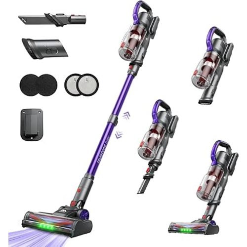 AlloyMove Cordless Vacuum Cleaner 45KPA, Up to 60mins Runtime Lightweight Powerful Suction Vacuum Cleaners for Home, 3 Suction Modes, Rechargeable Stick Vacuum for All Floor/Carpet/Pet Hair/Car, A03