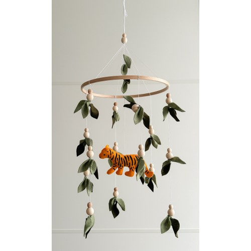 Tiger in Forest-Themed  Baby crib Mobile, sage green nursery decor, baby shower gift for baby announcement, first time mom gift basket