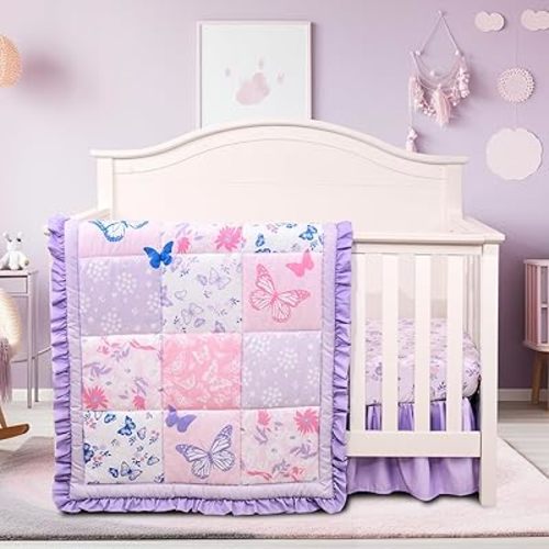 Cloele Crib Bedding Set for Girls, 3 Pieces Floral Butterfly Baby Bedding Set -Includes Comforter Fitted Sheet Crib Skirt,Standard Size Nursery Baby Crib Set for Girls,Purple