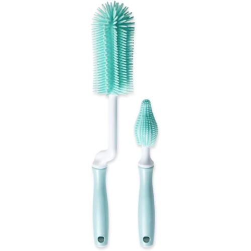 Silicone Baby Bottle and Nipple Brush Set | Made in Korea, 360 Degree Rotating Handle, Soft Bristles, Hanging Hole for Quick Drying and Storage, Dishwasher Safe (Mint)