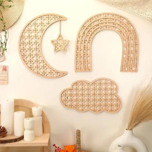 Geetery Boho Wooden Rainbow Nursery Cloud Moon Ornaments Cloud Baby Room Wall Decor for Nursery Boho Wooden Rattan Moon and Stars Decor for Baby Girl Boy