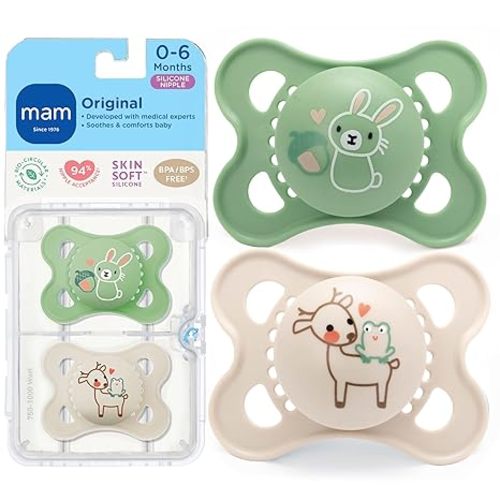 MAM Original Matte Baby Pacifiers 0-6 Months, Binky for Newborn Babies, BPA-Free Skin Soft Silicone Nipple, Easy to Clean, Developed with Medical Experts, 2 Count, With Sterilizer Case, Made in Europe